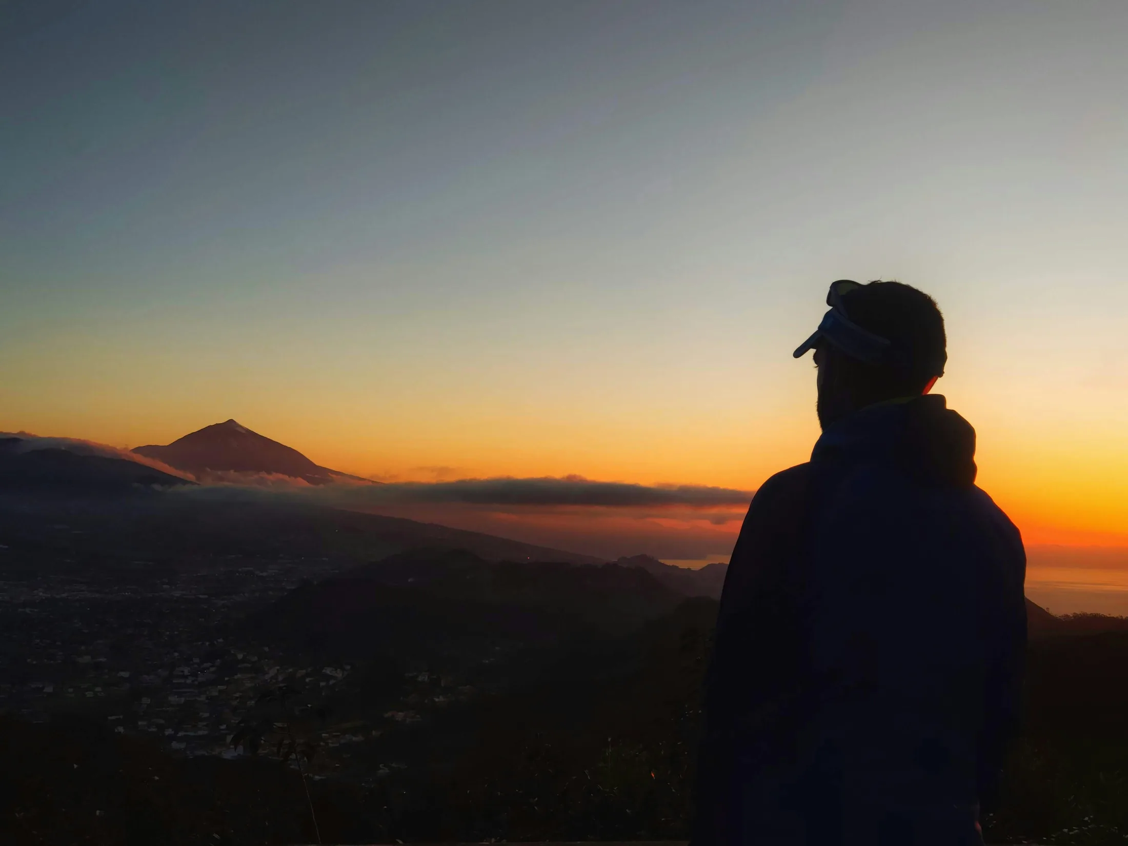 View of Mount Teide and La Orotava valley at sunset from a high viewpoint